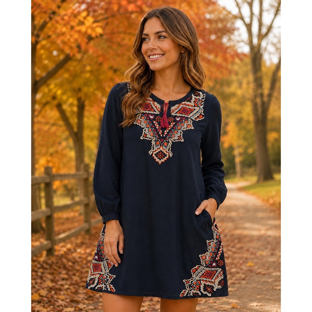 THML Black Bohemian Embroidered Mini Tunic Shift Dress Large Peasant Folk Boho